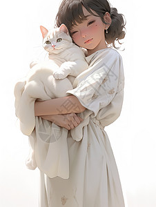 齐刘海的少女抱着小猫美丽高清图片素材