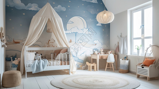 清新简约欧式儿童房室内家居背景室内场景设计儿童房插画