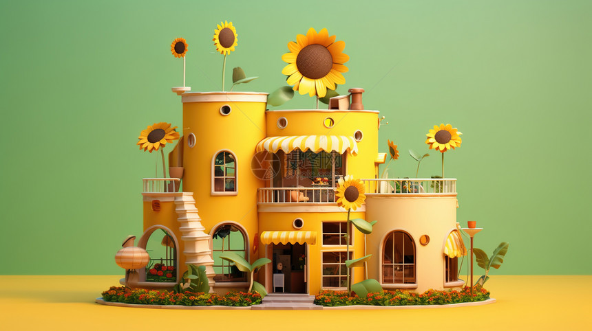 卡通可爱微缩房屋建筑3D模型图片