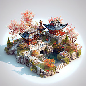 中式庭院等距景观模型背景图片