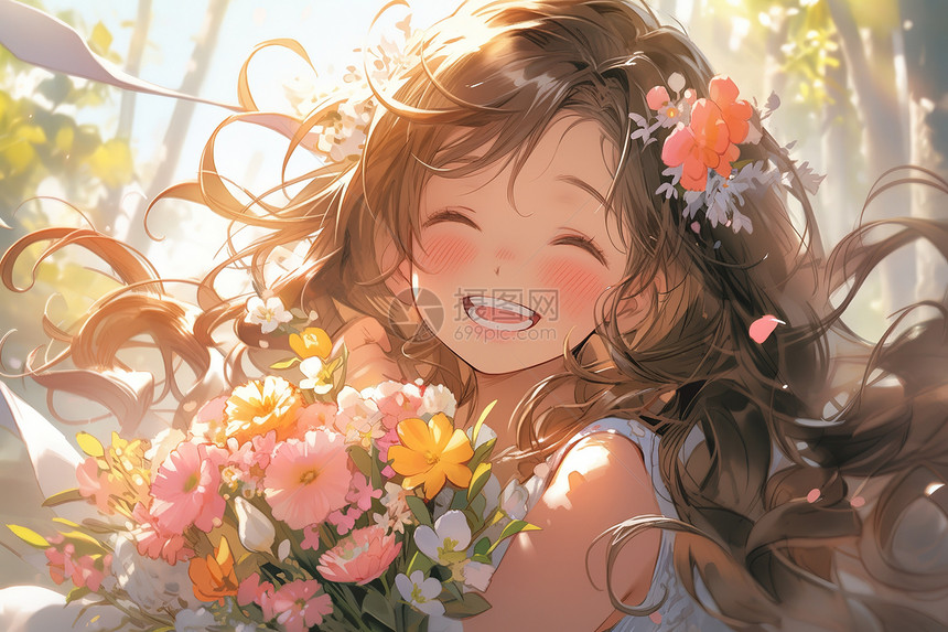 抱着鲜花开怀大笑的女孩图片