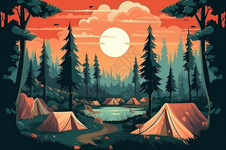 夏令营帐篷篝火热带森林夏日插画图片