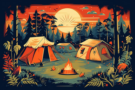 夏令营帐篷篝火热带森林夏日插画背景图片