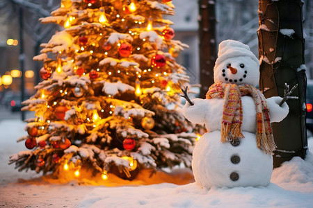 街道装饰街上装饰的圣诞树美丽的雪人插画