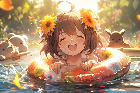 蹲着玩水的女孩戴着游泳圈面带笑容可爱女孩插画