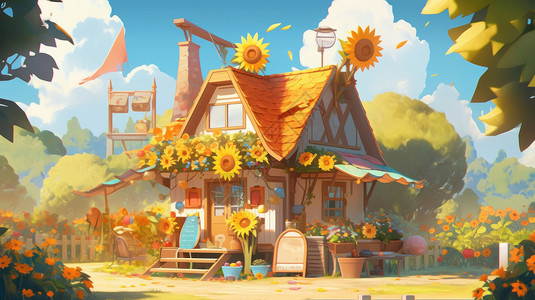 可爱的卡通向日葵房子背景图片