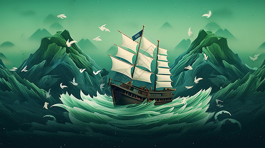 帆船在海上行走剪纸效果插画