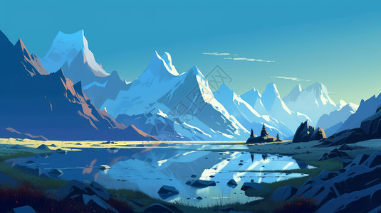 全景蓝天美丽的湖面与远处高高的雪山卡通风景插画
