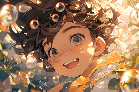 英俊小男孩被阳光和气泡包围背景图片
