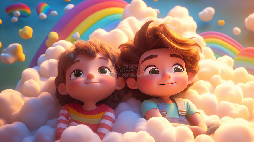 躺在云朵中可爱的立体卡通男孩女孩开心的看彩虹图片