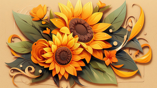 虚边橙色太阳花美丽的温暖的卡通太阳花插画