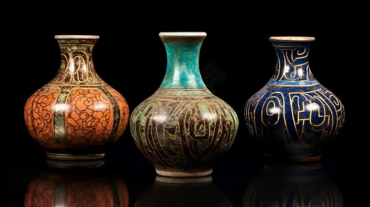 文物艺术品仿古文物三只漂亮的唐三彩花瓶创意概念图插画