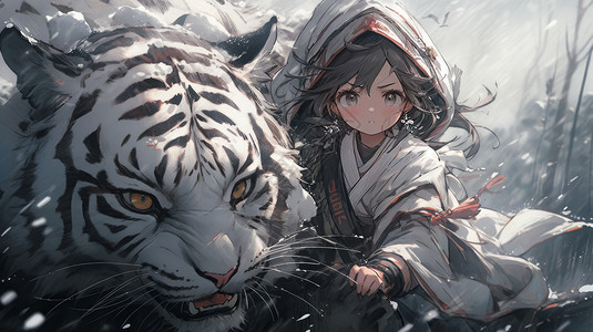 在大雪中可爱的卡通女孩与凶猛的大白老虎背景图片