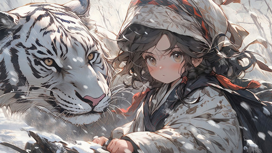 大雪中凶猛的白色老虎与可爱的卡通小女孩图片