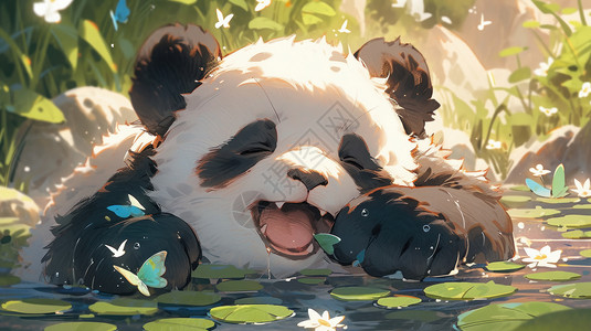 绿草和水夏天在河水中玩耍的可爱卡通大熊猫插画
