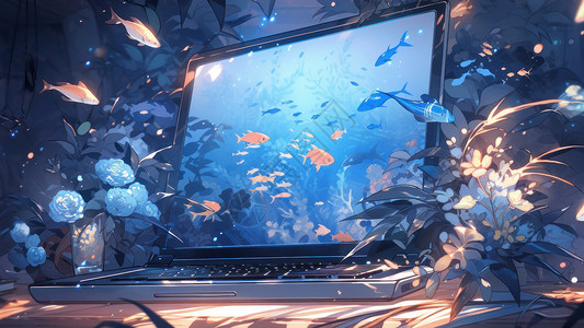 从上面看卡通笔记本电脑可爱的小鱼从屏幕中游出来插画