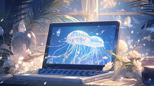 蓝色调卡通笔记本电脑两旁有可爱的花朵背景图片