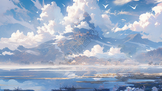 河边远处的高山被云朵环绕唯美卡通风景图片