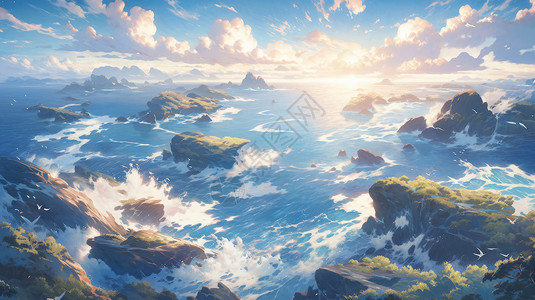 日出与汹涌澎湃的大海卡通风景图片