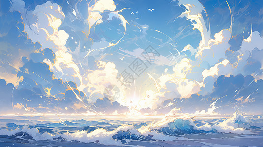 蓝天与大海交接汹涌澎湃的大海与日出唯美卡通风景插画