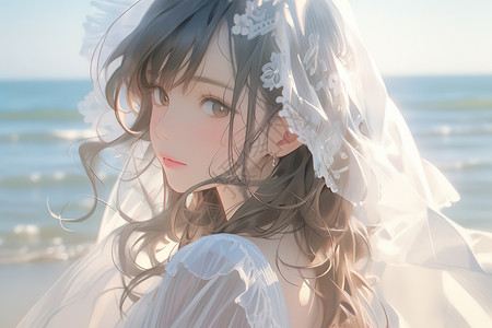 海边戴着头纱的美丽新娘图片