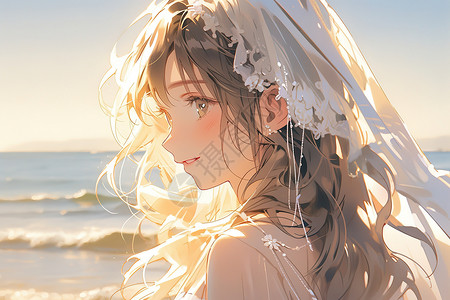 海边戴着头纱的梦幻美丽新娘背景图片