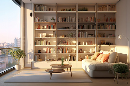 室内设计样板房带书柜的书房奶油风室内设计插画
