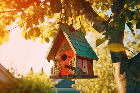 住在树上的房子悬挂在树上的可爱小鸟的家背景