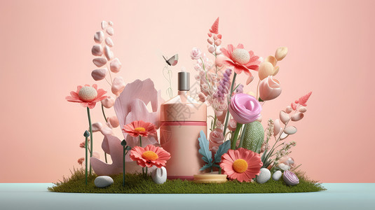 花瓶插花草在花朵与植物中间的时尚美妆卡通护肤品设计图片