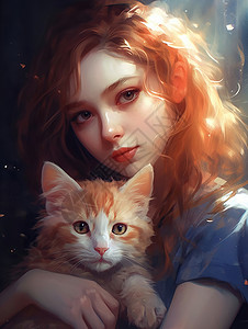 甜猫甜美少女与猫，小橘猫与卷发少女，可爱的小橘猫与少女，可爱的小橘猫与甜美的少女插画