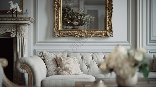镜子装饰客厅的沙发一角插画
