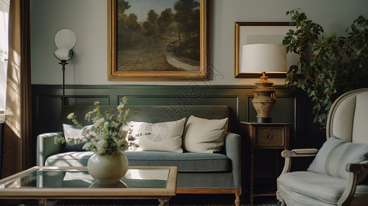 欧式复古墙阳光照耀在欧式客厅的沙发上插画