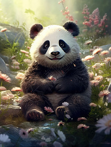 可爱的熊猫采花背景图片