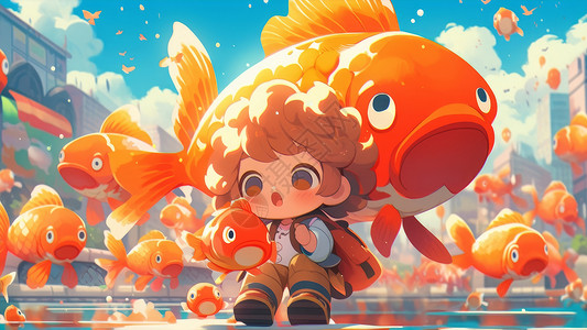 背着在红色大鱼身边的卡通男孩背景图片