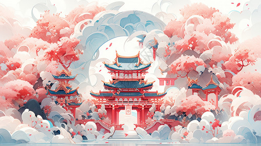 粉水古风建筑唯美粉色调卡通风景插画