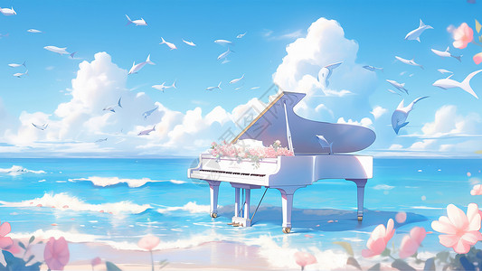 在海边美丽的白色钢琴与满天飞舞的鱼群梦幻卡通风景插画