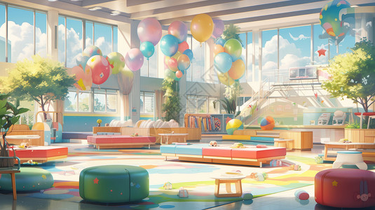 游戏场所满是气球温馨的卡通儿童活动中心插画