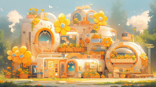 满满黄色花朵可爱的卡通小房子背景图片
