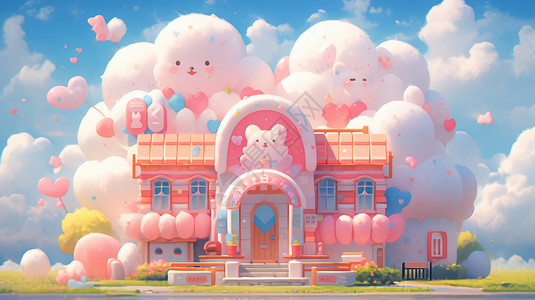 拜县粉色小屋被可爱的云朵包围的粉色卡通小房子插画