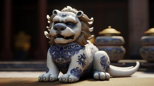 瓷白色的素材3D立体瓷狮子插画