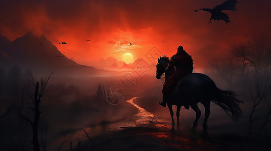 将军骑马傍晚骑着马的武士插画