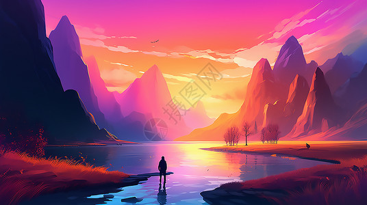 站在水里在夕阳里看风景的人插画