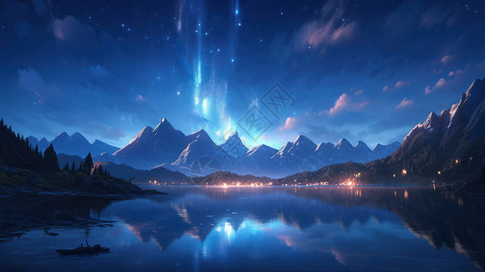 美丽湖泊夜晚美丽的极光星空湖泊全景插画