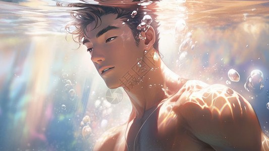 一个男人在潜水阳光肌肉卡通男青年在水下潜水插画