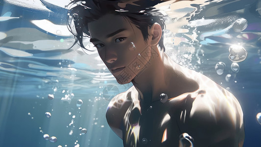 一个男人在潜水帅气的卡通男青年在水下插画