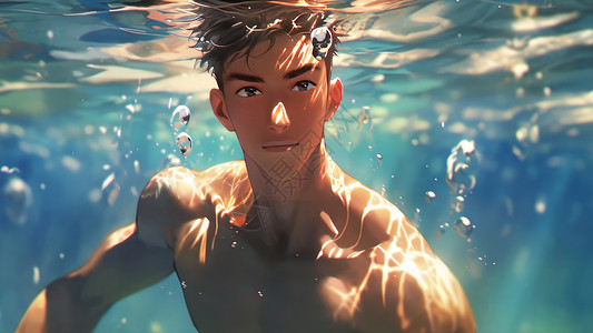 一个男人在潜水帅气的卡通大男孩在泳池水下插画