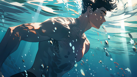 一个男人在潜水在水下游泳的卡通大男孩插画