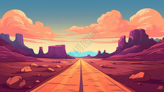 一条长路素材简单的空旷的长路沙漠场景插画