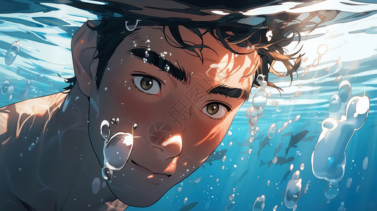 一个男人在潜水在水下吐泡泡的卡通男青年插画
