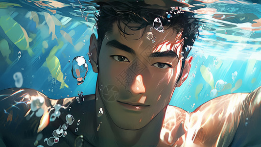 一个男人在潜水在水下潜水的帅气卡通男青年插画